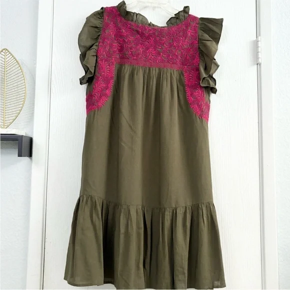 J. Marie Oaxaca Embroidered Floral
Olive Green Pink Ruffle Mini Dress Size M - Picture 2 of 11